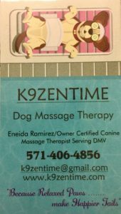 K9Zetime-- Zen Massage, a 60 minute relaxation massage session for your pooch. House call included.